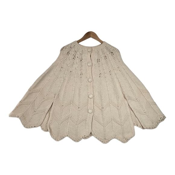 VTG Hand Knitted Cape Poncho Beige Button Front Grandmacore Boho Handmade - Picture 1 of 15